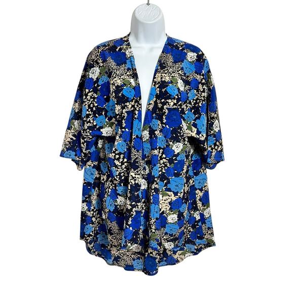 Lularoe Blue Floral Open Kimono Blouse Sz S Layering Top Long Fit Short Sleeve - Picture 5 of 5